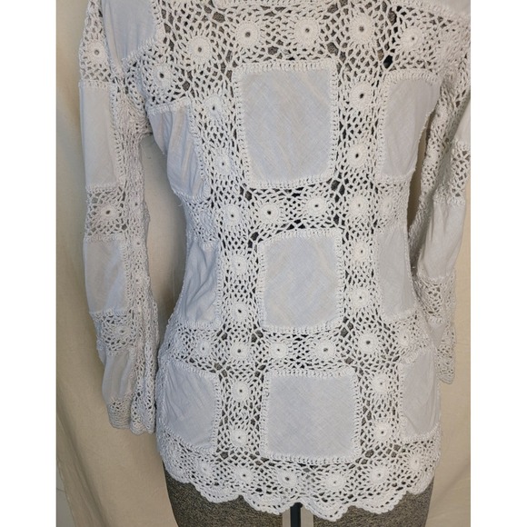 Boston Proper Ivory White Crochet Square Hippy Boho Long Sleeve Top Cover up S - Picture 6 of 15